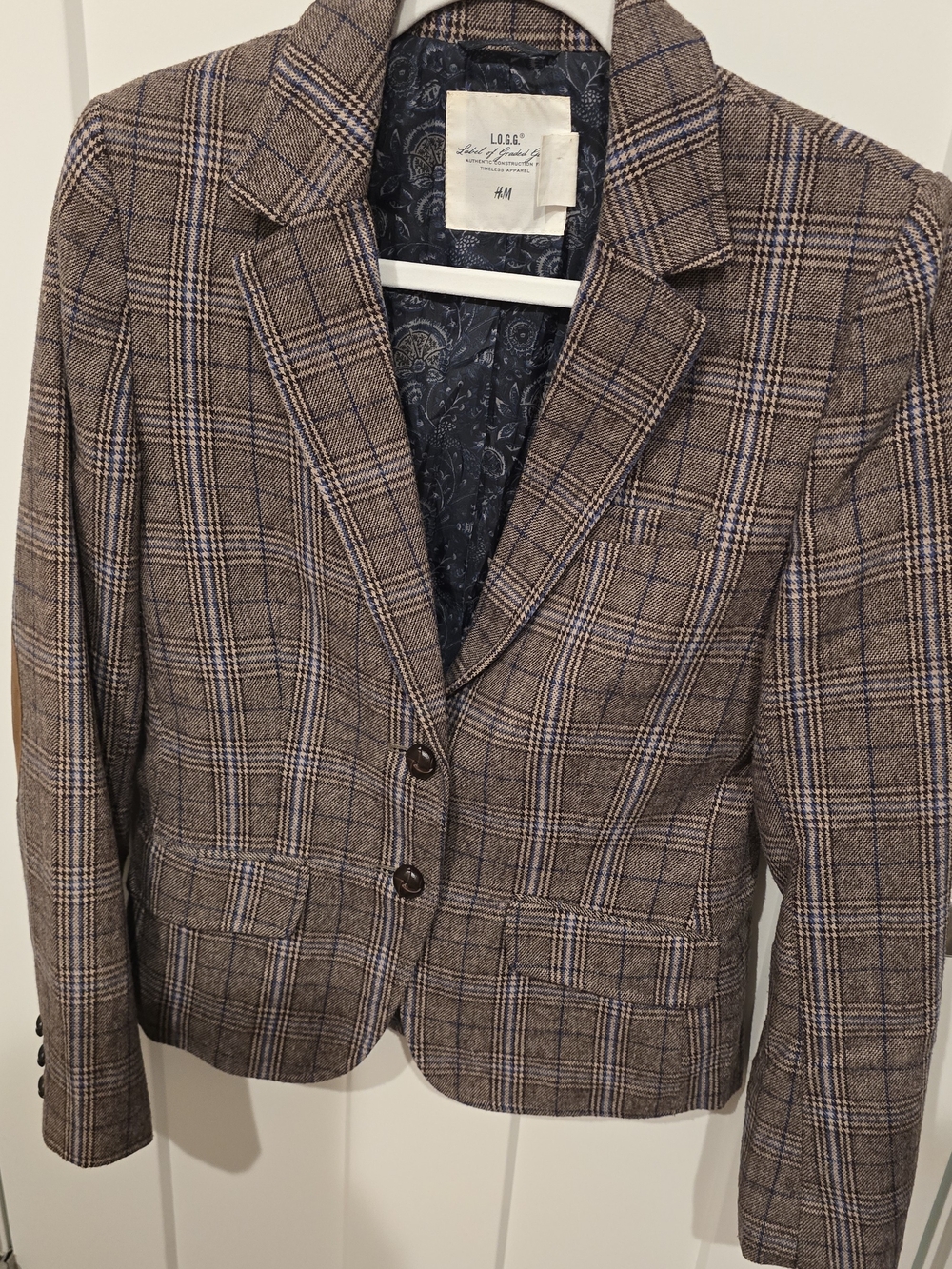 H&M Brown Plaid Tailored Blazer with Subtle Blue Accents